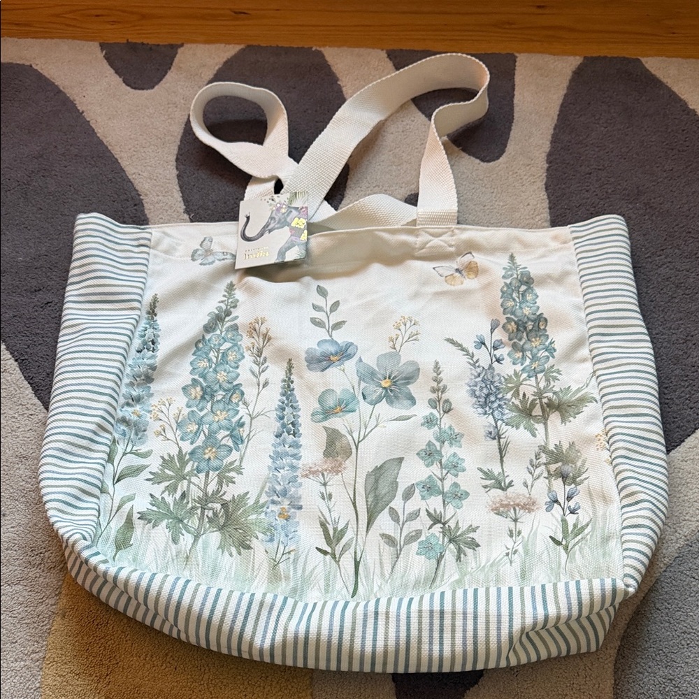 Floral Canvas Tote Bag - Blue and White